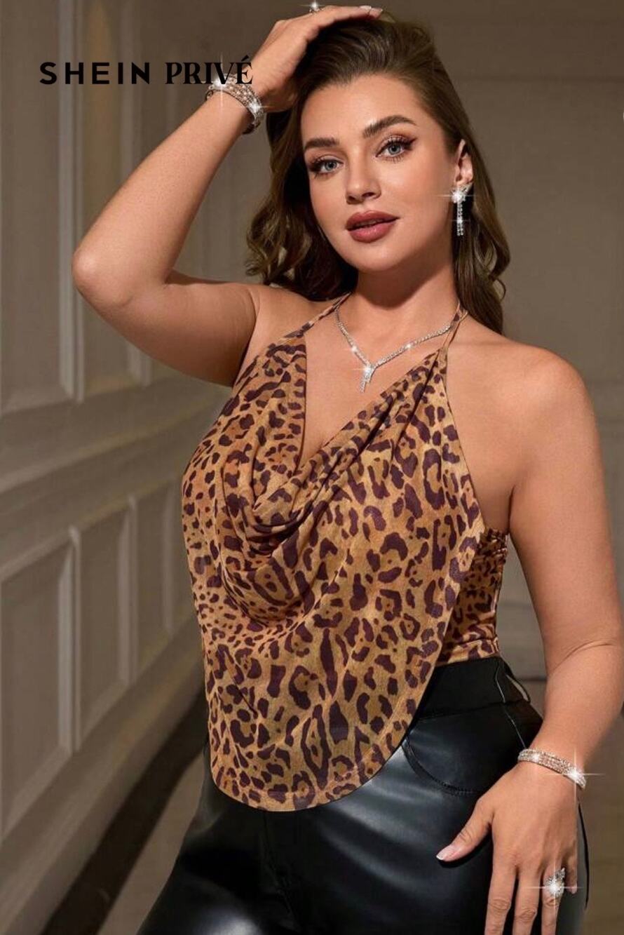 SHEIN Privé Leopard Print Cowl Neck Halter Top - Asymmetrical Mesh Tank